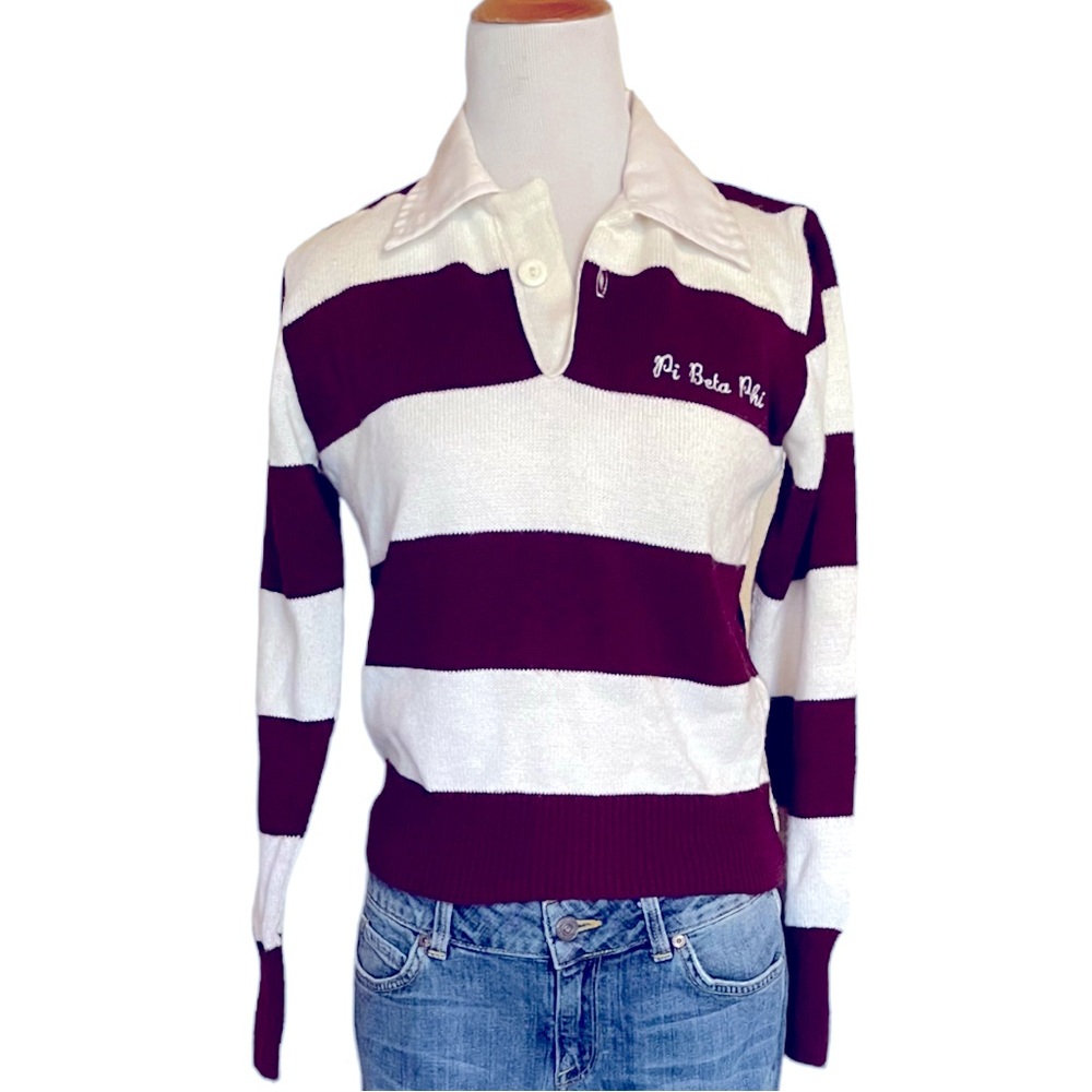 Vintage Pi Beta Phi burgundy & white striped rugby sweater